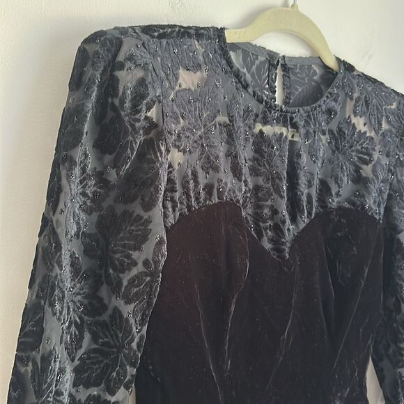 VTG Algo Boutique Velvet Peplum Blouse Sheer Floral Sleeves Sweetheart Size 9 - Picture 3 of 13